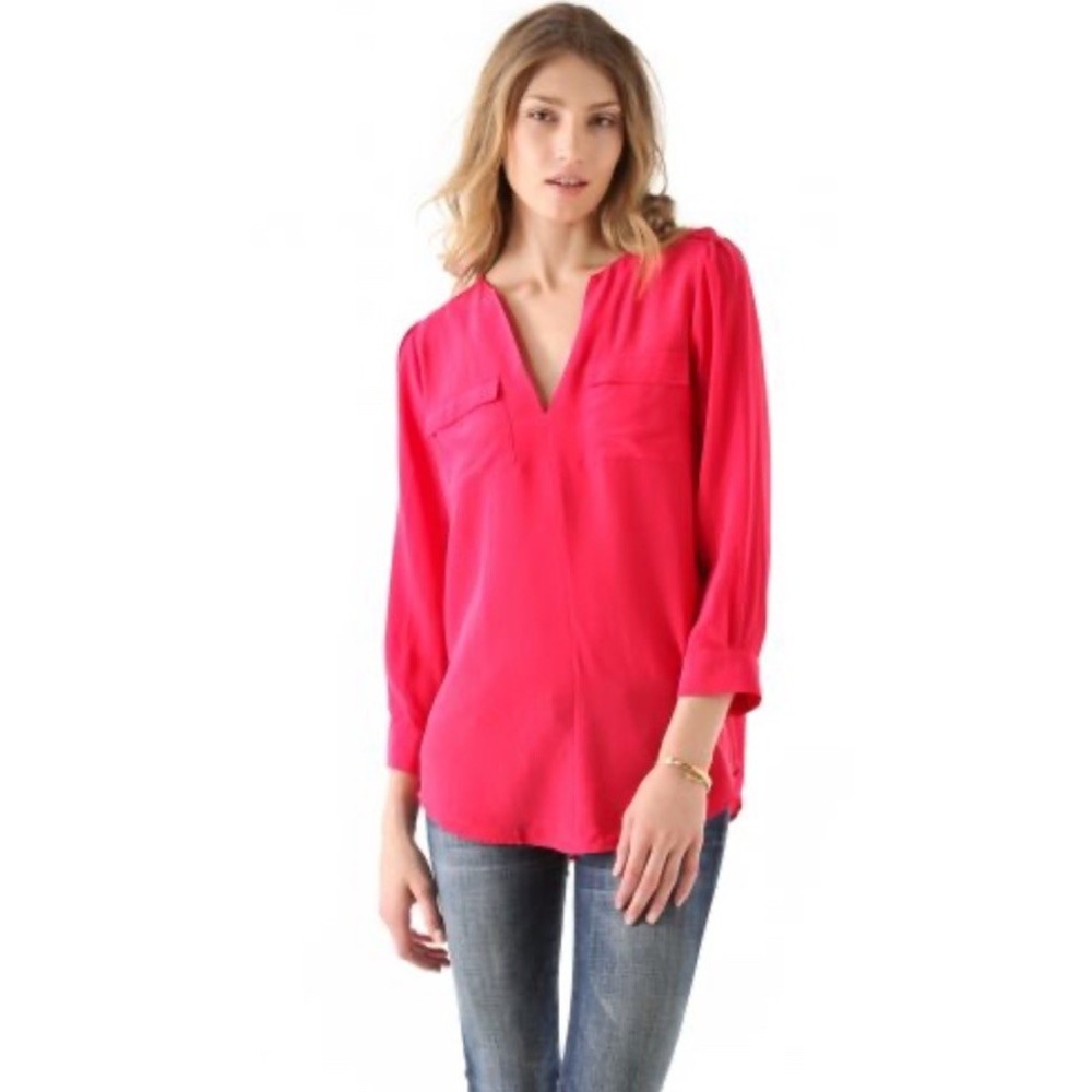 Joie Marlo Silk Blouse L Large Pink Poppy Split V Neck Pocket Epaulet Tunic Top